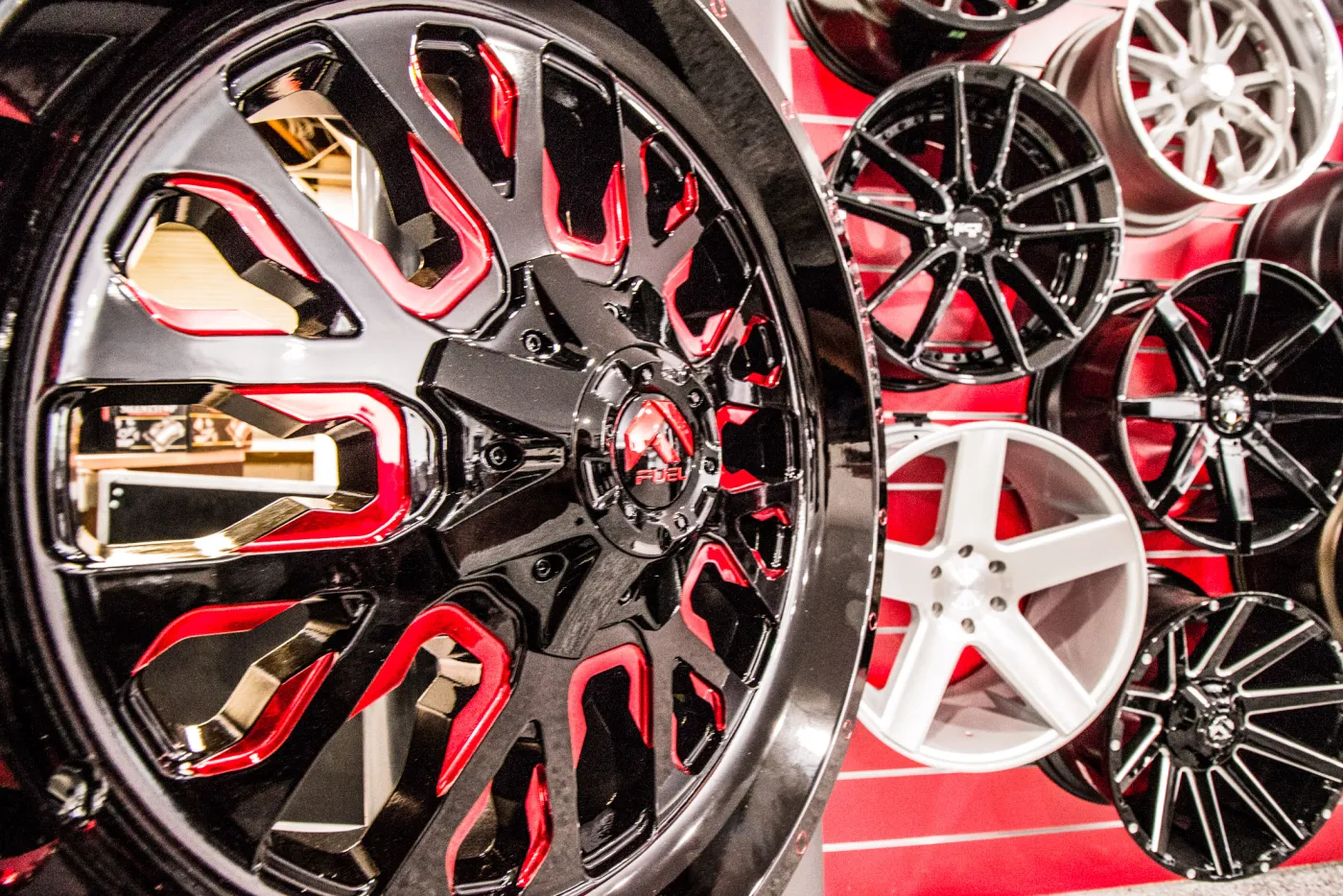 Wheels on the display wall inside the shop.